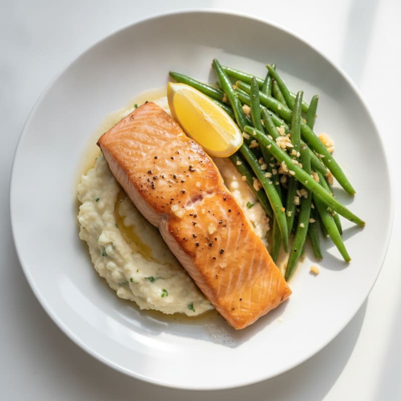 Seared Salmon with Garlic Green Beans and Cauliflower Mash