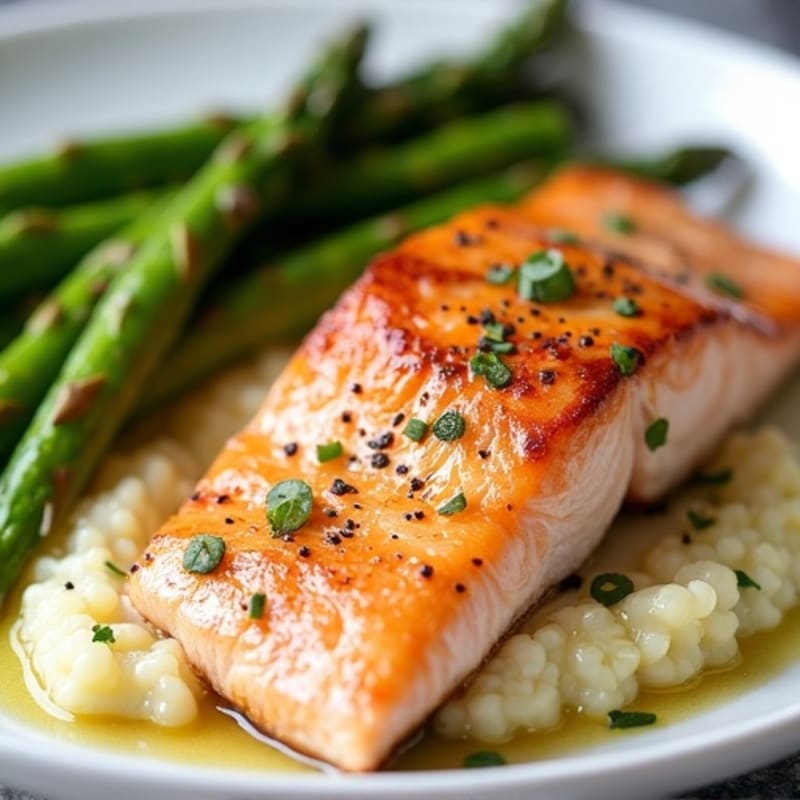 Seared Salmon with Cauliflower Mash and Steamed Asparagus
