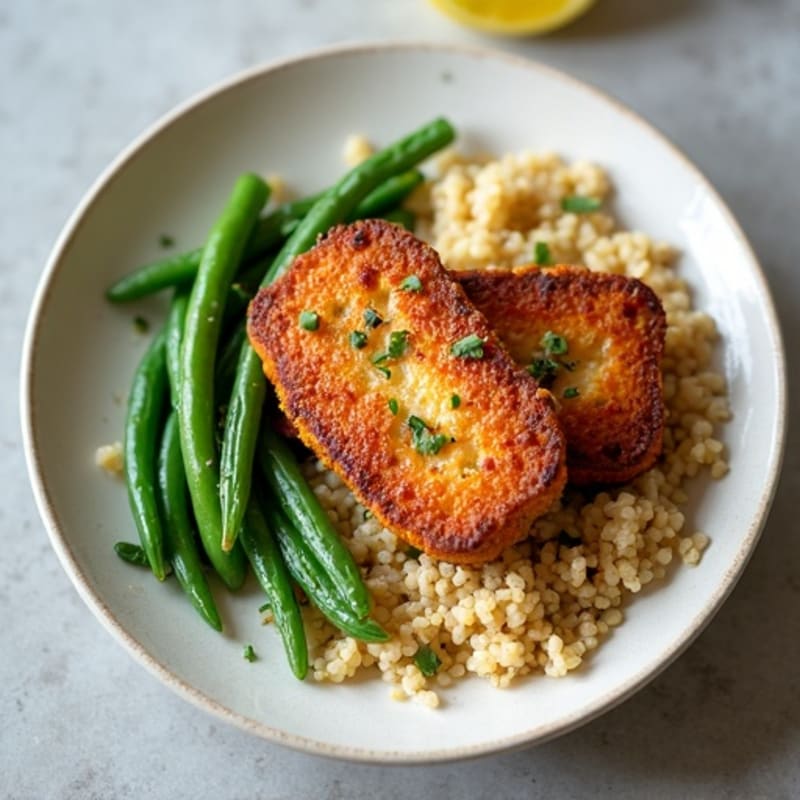Crispy Tempeh Steaks with Garlic Green Beans and Quinoa