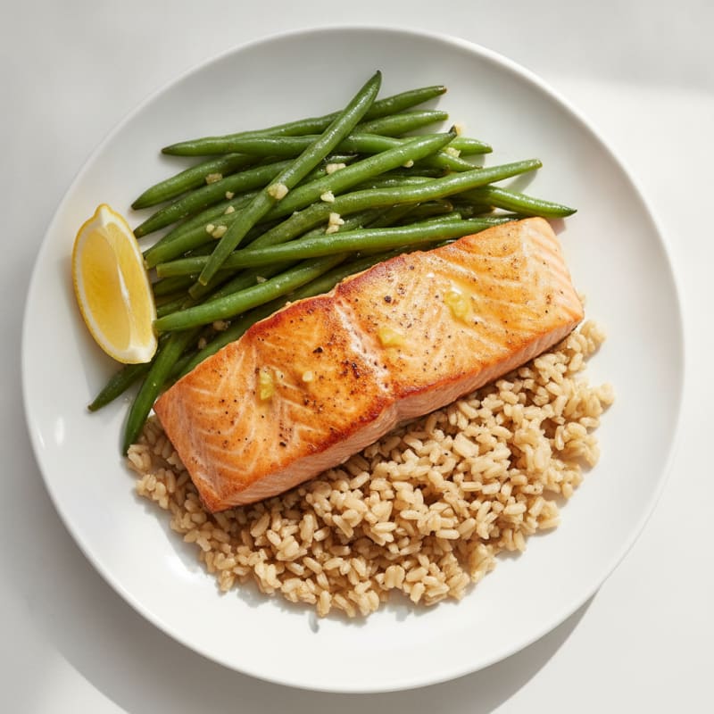 Seared Salmon with Garlic Green Beans and Brown Rice