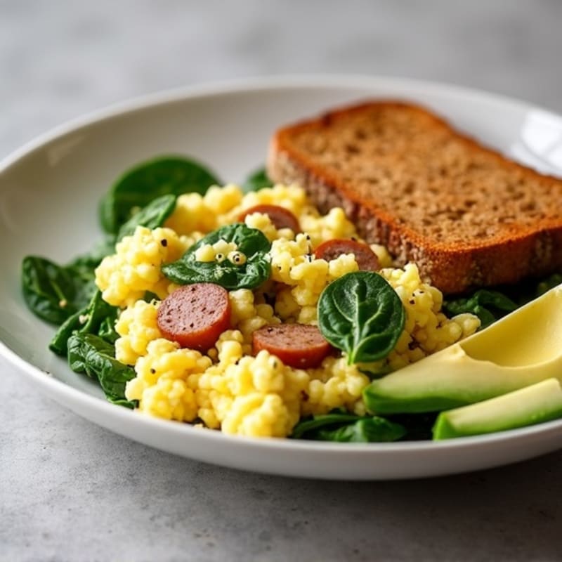 Egg White Scramble with Spinach, Turkey Sausage, Avocado & Toast