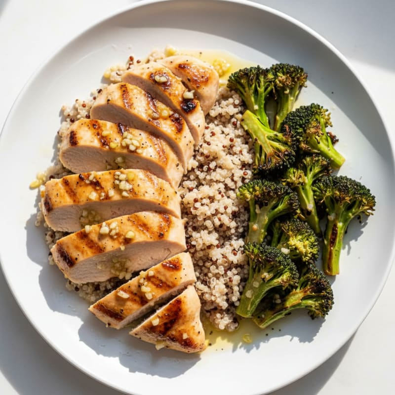 Grilled Lemon-Garlic Chicken Breast with Quinoa and Roasted Broccoli