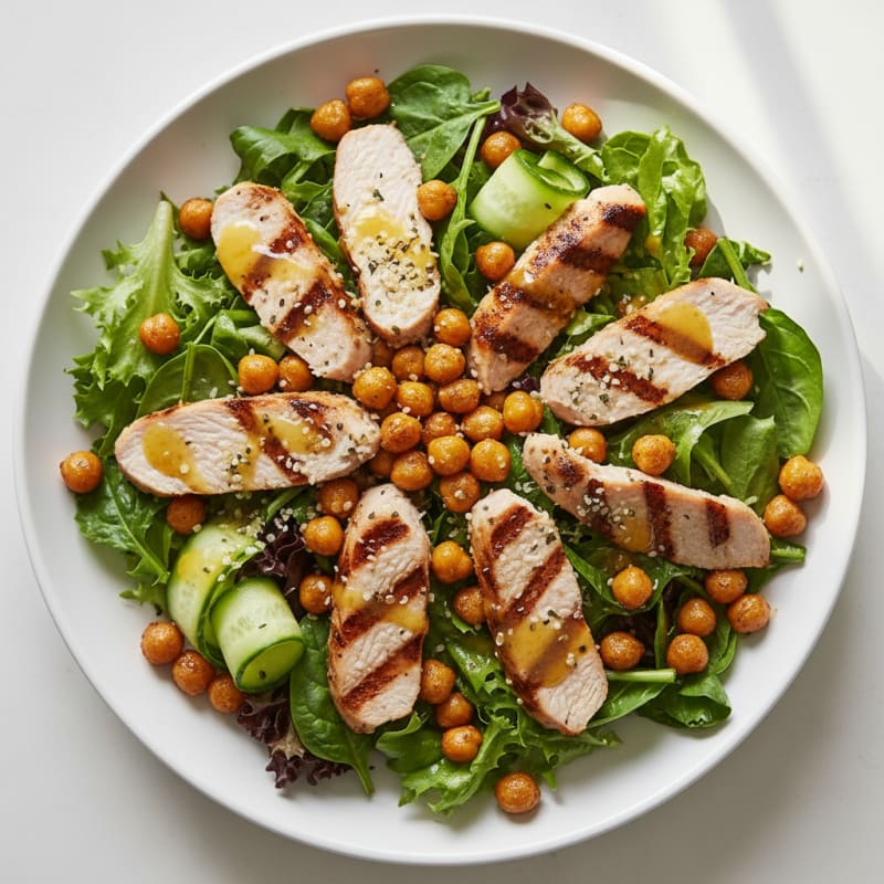 Grilled Turkey Breast Salad with Roasted Chickpeas and Mixed Greens