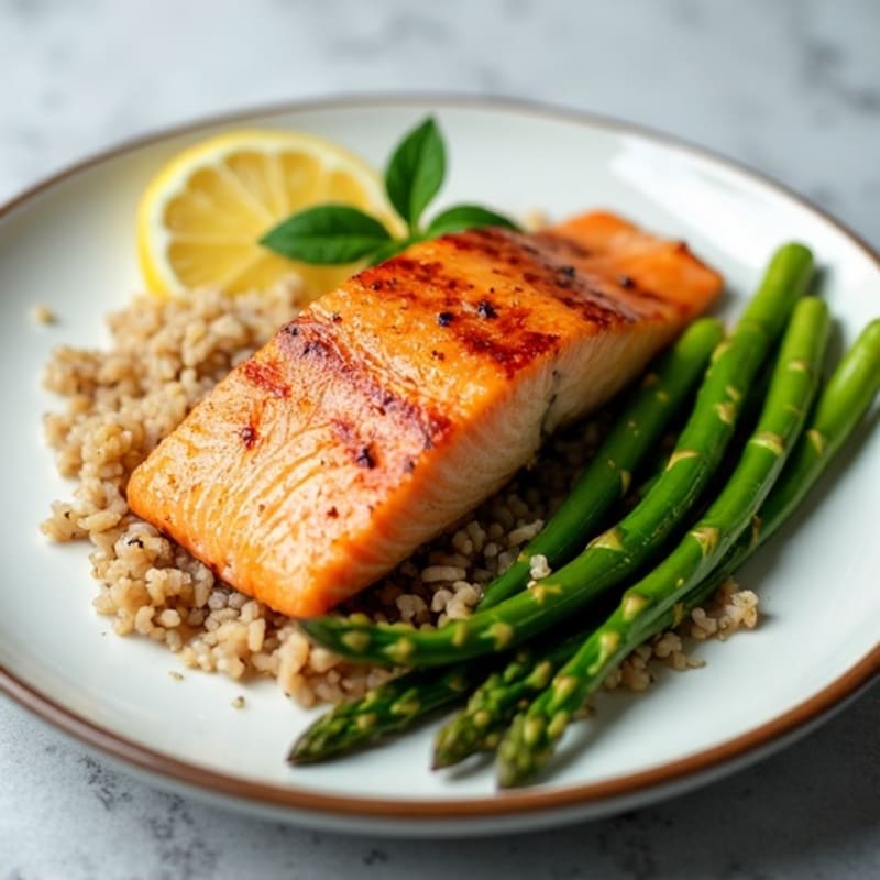Seared Salmon with Steamed Asparagus and Lemon Garlic Brown Rice