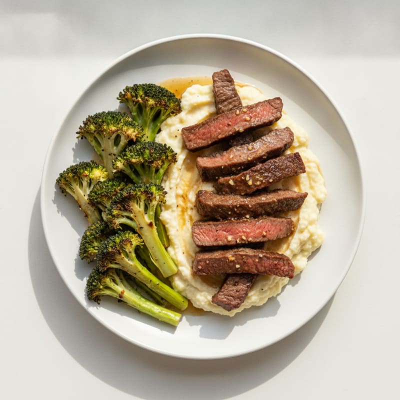 Seared Lean Beef Strips with Roasted Broccoli and Cauliflower Mash