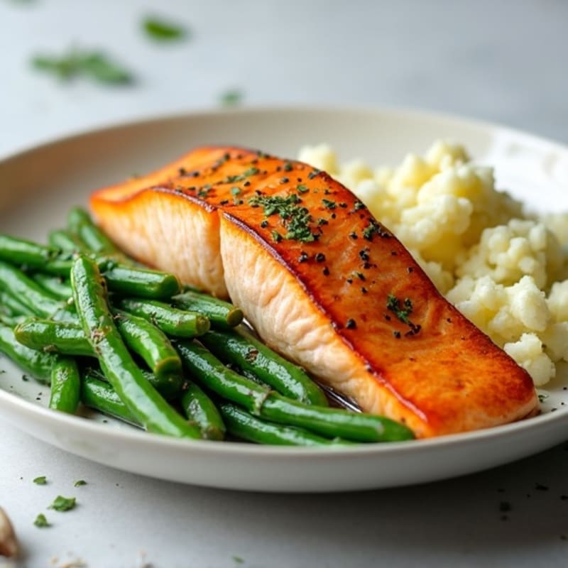 Seared Salmon with Steamed Green Beans and Garlic Mashed Cauliflower