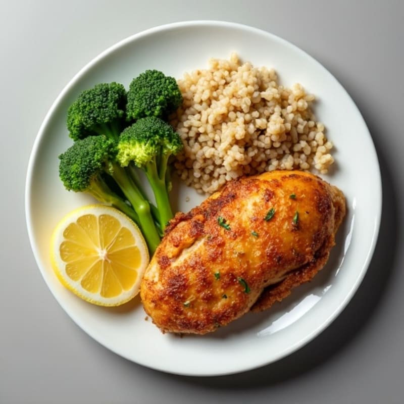 Crispy Lemon Herb Chicken with Fluffy Brown Rice and Roasted Broccoli