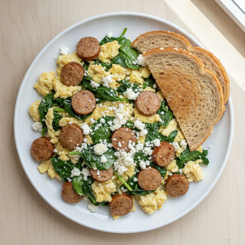 Egg White and Turkey Sausage Scramble with Spinach and Feta