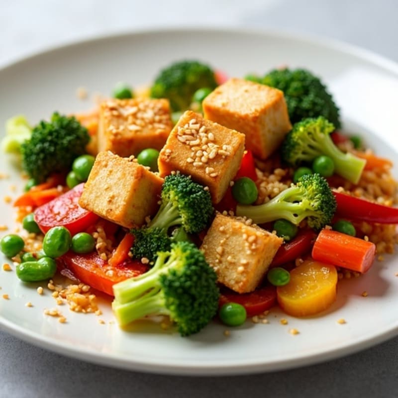 Crispy Sesame Tofu with Fresh Vegetable Stir-Fry