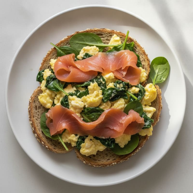 Scrambled Eggs with Smoked Salmon and Spinach on Whole Grain Toast