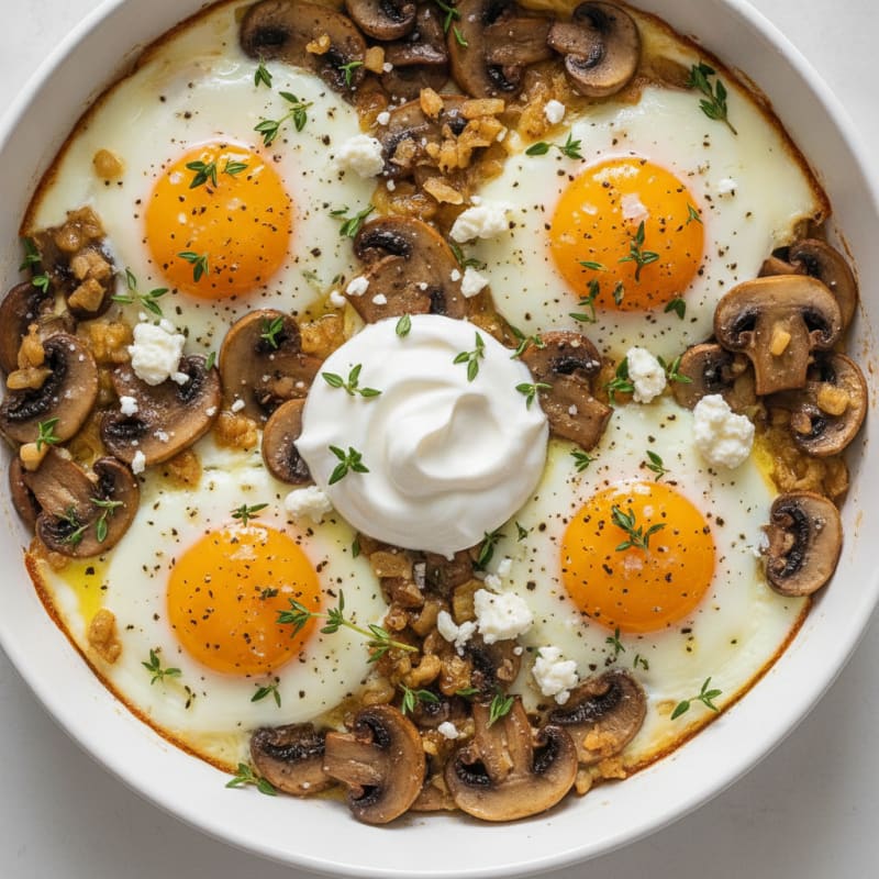 Baked Eggs with Sautéed Mushrooms and Herbs