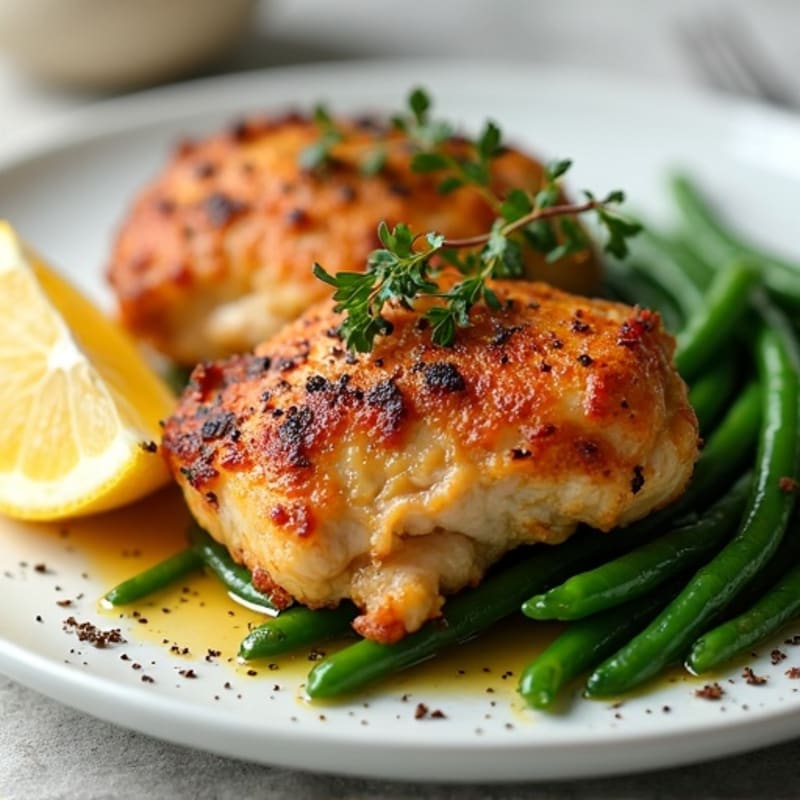 Crispy Roasted Chicken Thighs with Lemon Garlic Green Beans