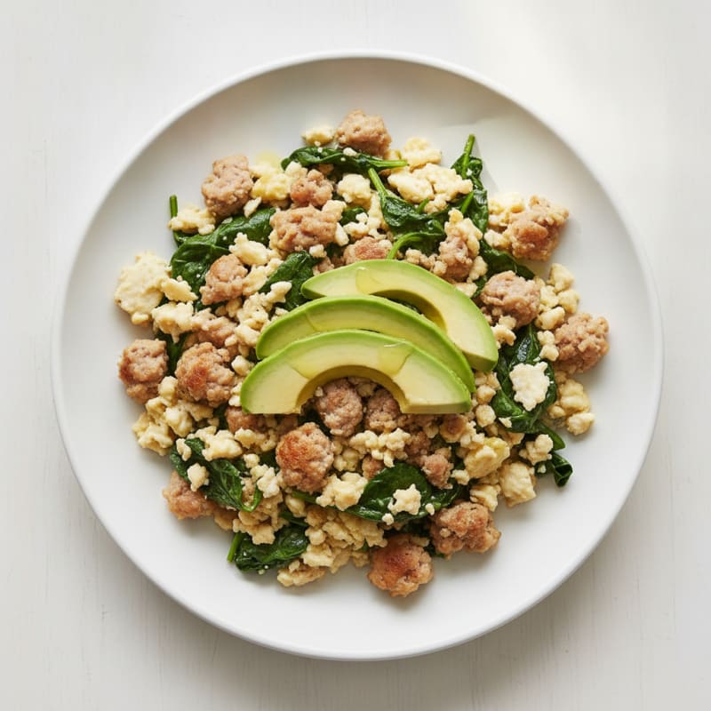 Egg White and Turkey Sausage Scramble with Sautéed Spinach
