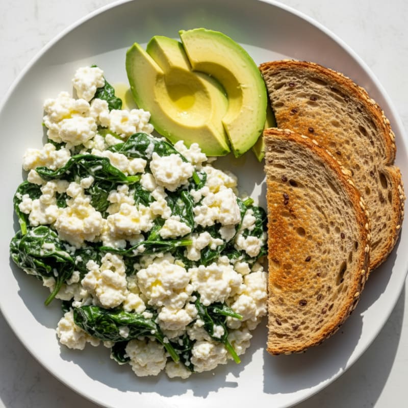 Cottage Cheese and Egg White Scramble with Sautéed Spinach