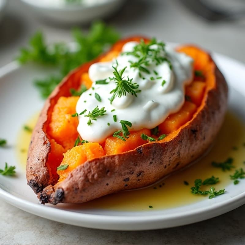 Crispy-Skin Sweet Potato with Greek Yogurt and Herbs
