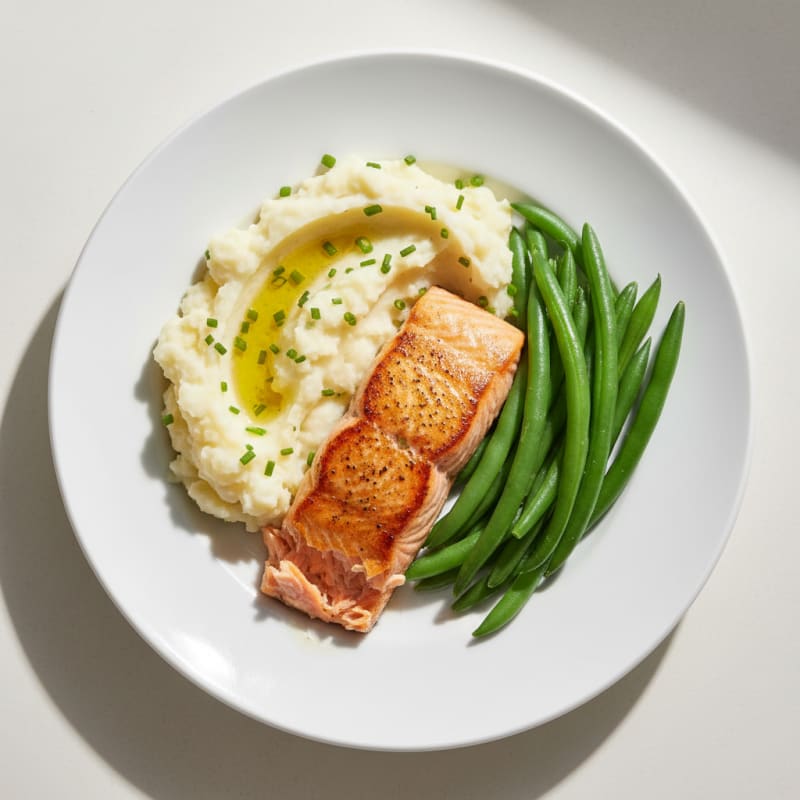 Seared Salmon with Steamed Green Beans and Garlic Mashed Potatoes