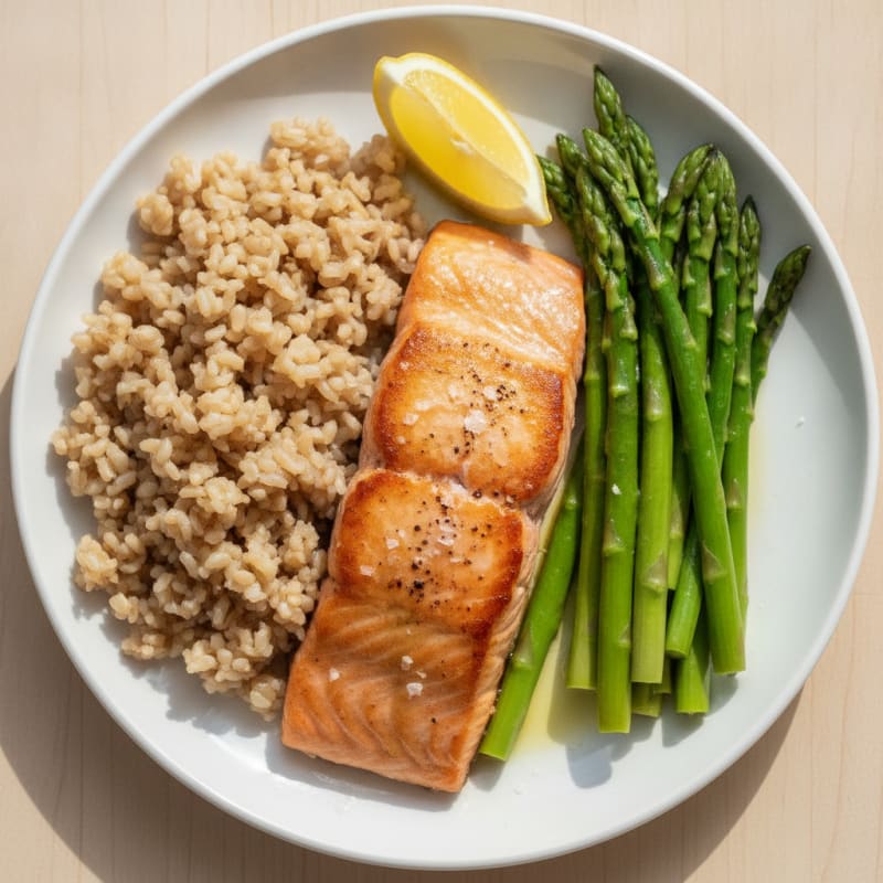Seared Salmon Fillet with Steamed Asparagus and Brown Rice