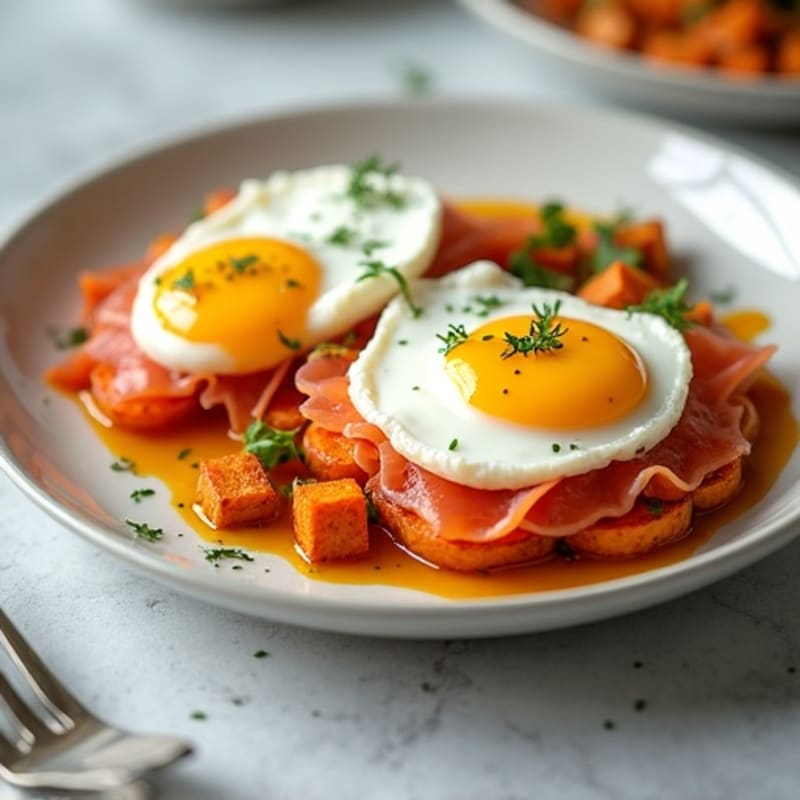 Smoked Salmon Poached Eggs with Crispy Sweet Potato Hash and Creamy Lemon-Dill Sauce
