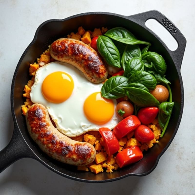 Crispy Turkey Sausage and Egg White Skillet with Roasted Sweet Potatoes