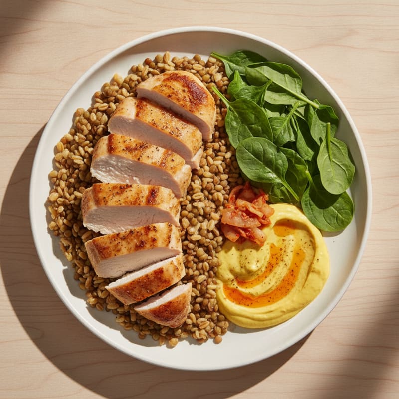Chicken Steak with French Grains and Turmeric Spiced Yoghurt Dip