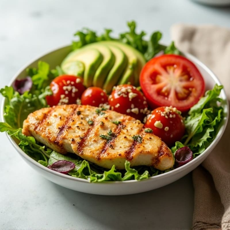 Grilled Chicken and Crispy Turkey Bacon BLT Salad with Creamy Avocado