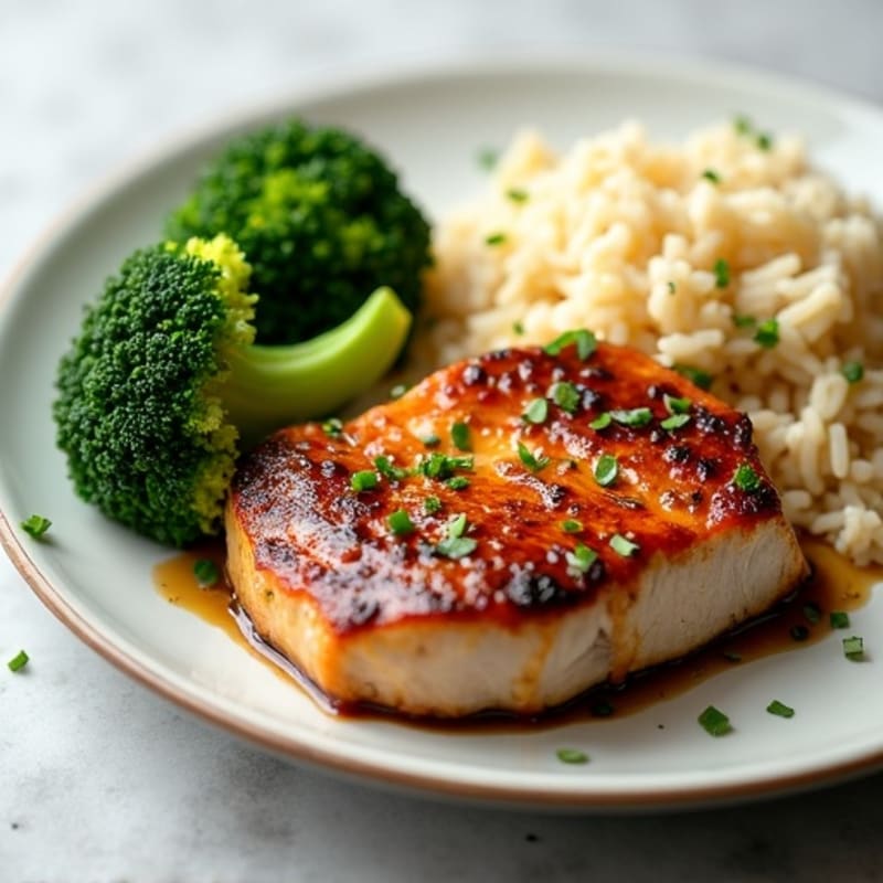 Seared Pork Loin with Steamed Broccoli and Jasmine Rice