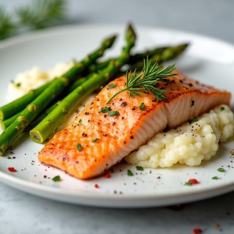 Seared Salmon with Steamed Asparagus and Cauliflower Mash