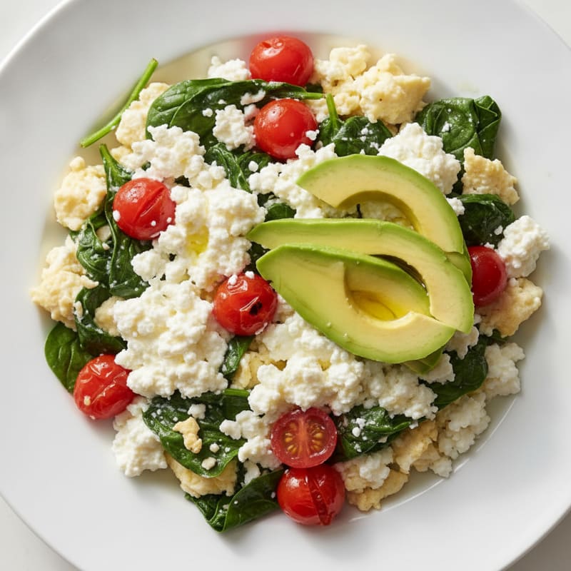 Egg White and Spinach Scramble with Cottage Cheese and Cherry Tomatoes