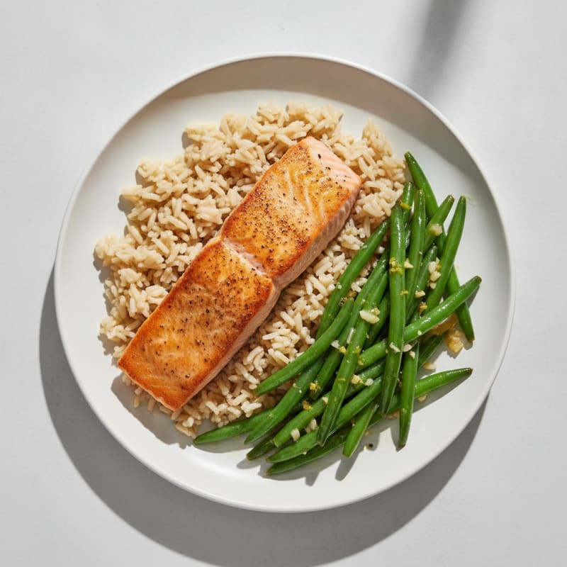 Seared Salmon with Lemon-Garlic Green Beans and Brown Rice