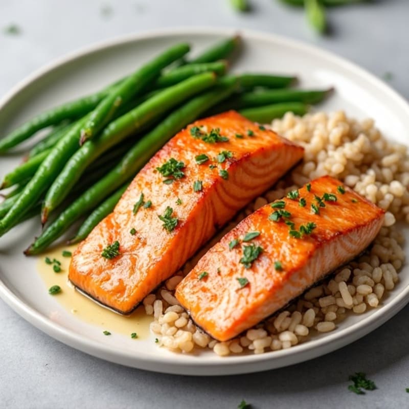 Seared Salmon Fillet with Garlic Green Beans and Brown Rice