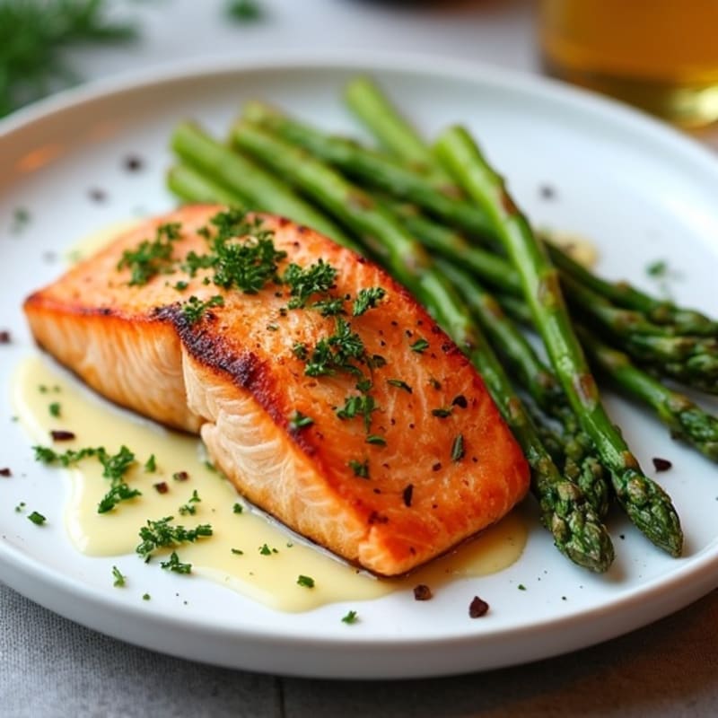 Lemon-Herb Roasted Salmon with Crispy Asparagus and Sweet Potatoes