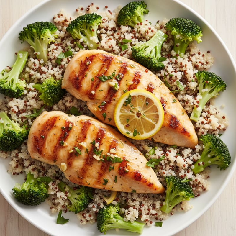 Grilled Lemon-Garlic Chicken Breast with Quinoa and Steamed Broccoli