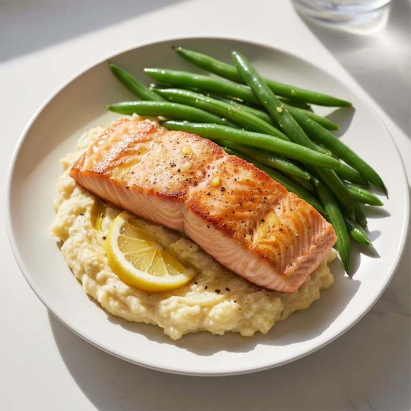 Seared Salmon with Steamed Green Beans and Garlic Cauliflower Mash