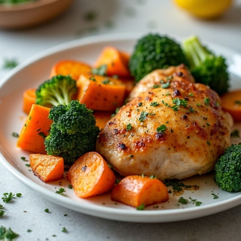 Crispy Herb-Roasted Chicken with Lemon-Garlic Roasted Sweet Potatoes and Broccoli