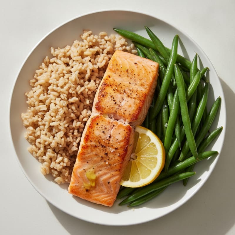 Seared Salmon with Steamed Green Beans and Brown Rice