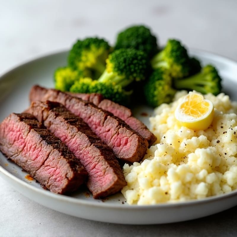 Seared Lean Beef Strips with Roasted Broccoli and Garlic Cauliflower Mash
