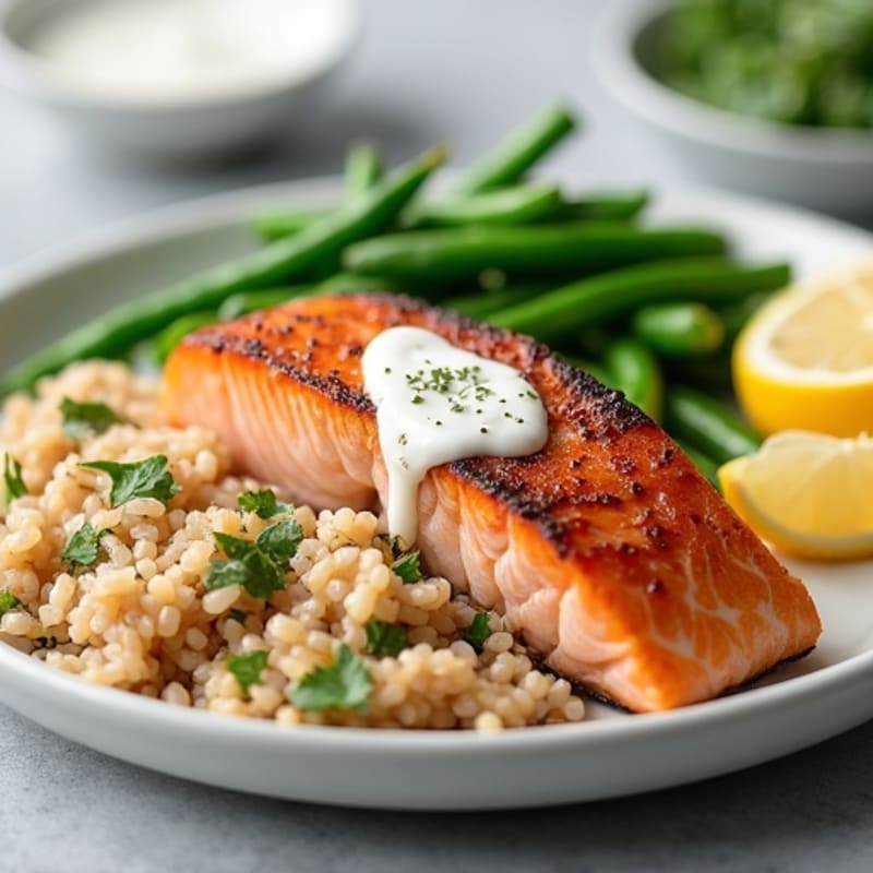 Seared Salmon Fillet with Steamed Green Beans and Brown Rice