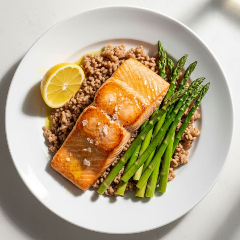 Seared Salmon with Steamed Asparagus and Brown Rice