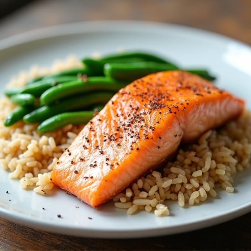 Seared Salmon with Steamed Green Beans and Brown Rice