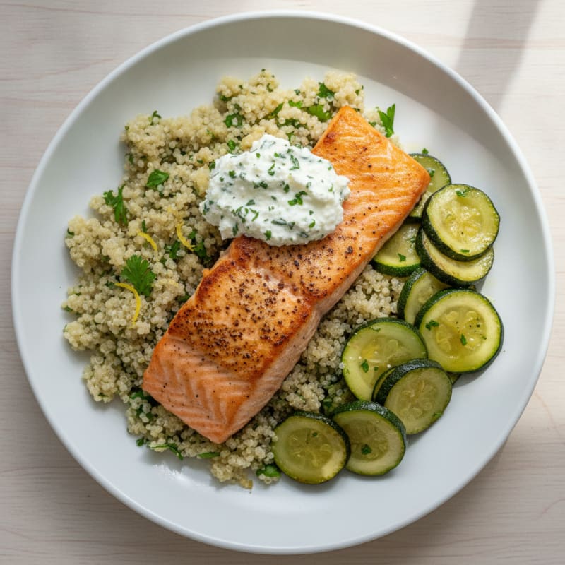 Seared Salmon Fillet with Sautéed Zucchini and Lemon Herb Quinoa