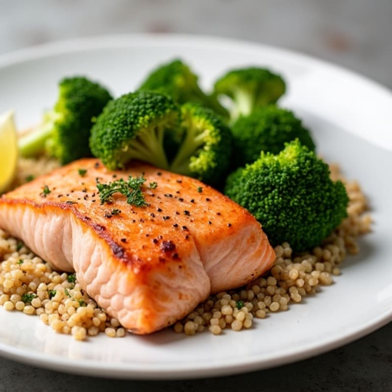 Seared Salmon with Steamed Broccoli and Quinoa