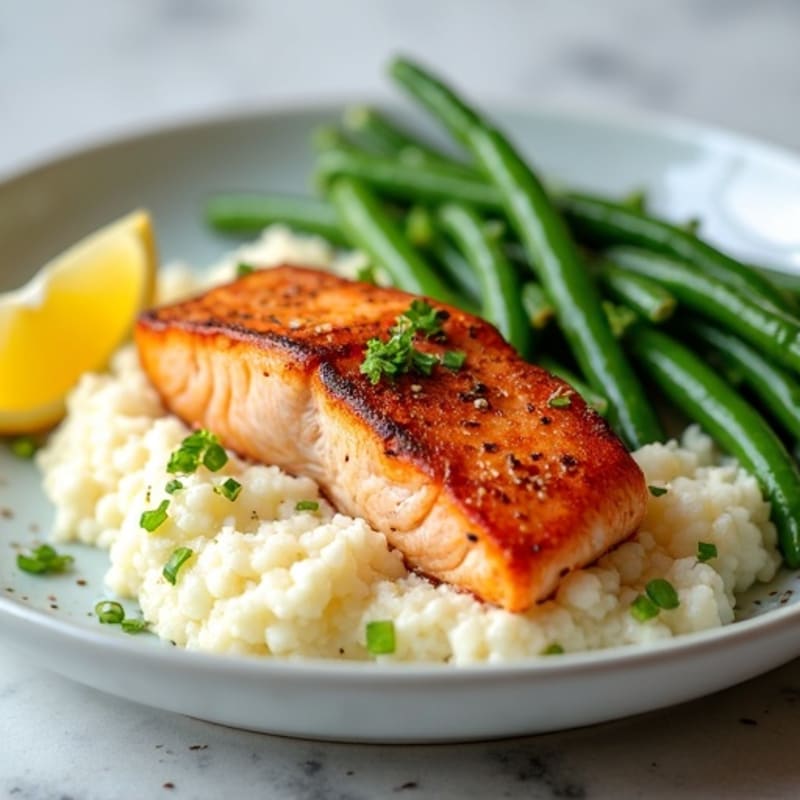 Seared Salmon Fillet with Steamed Green Beans and Cauliflower Mash