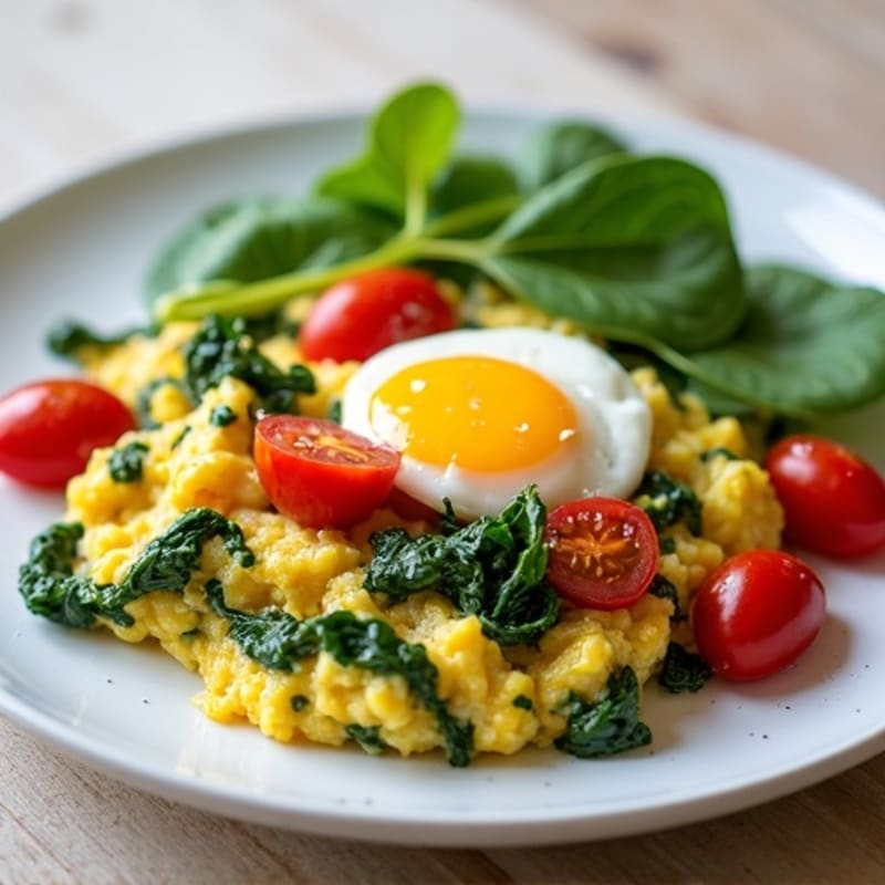 Protein-Rich Egg Scramble with Sautéed Spinach and Cherry Tomatoes
