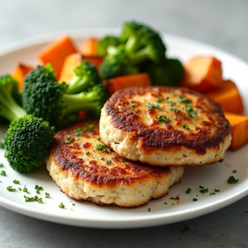 Seared Turkey Patties with Roasted Broccoli and Sweet Potato