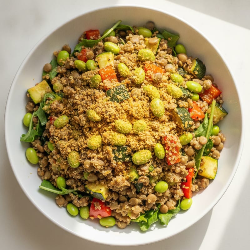 Crispy Lentil and Quinoa Power Salad with Roasted Vegetables