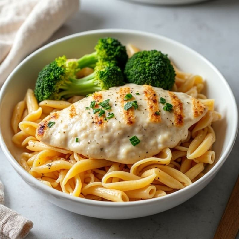 Creamy Chicken Alfredo with Whole Wheat Pasta and Roasted Broccoli