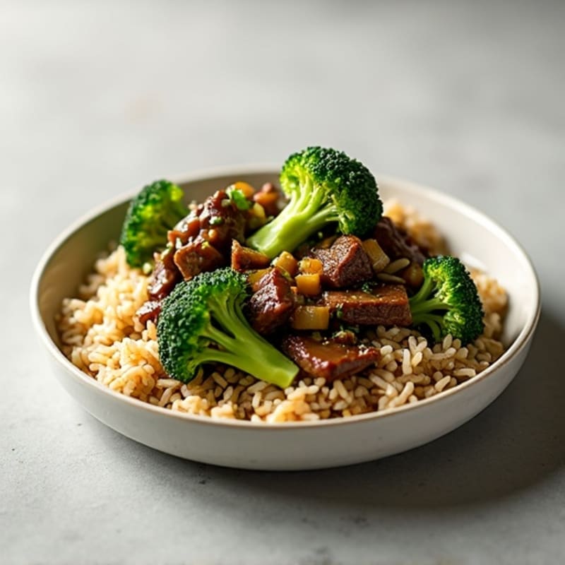 Garlic Ginger Lean Beef and Crisp Broccoli with Brown Rice