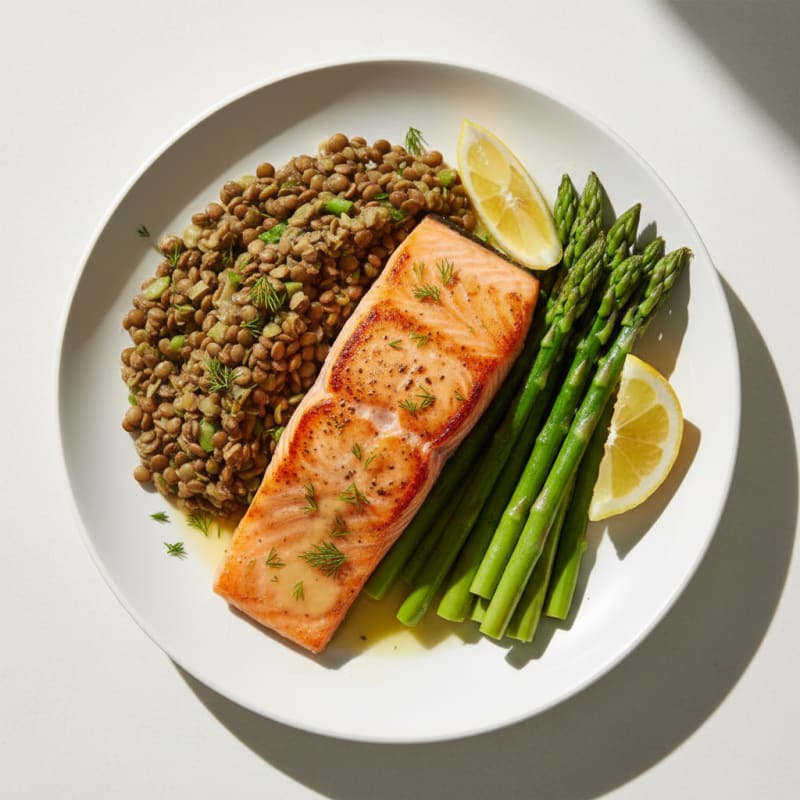 Seared Salmon Fillet with Steamed Asparagus and Lentil Mash