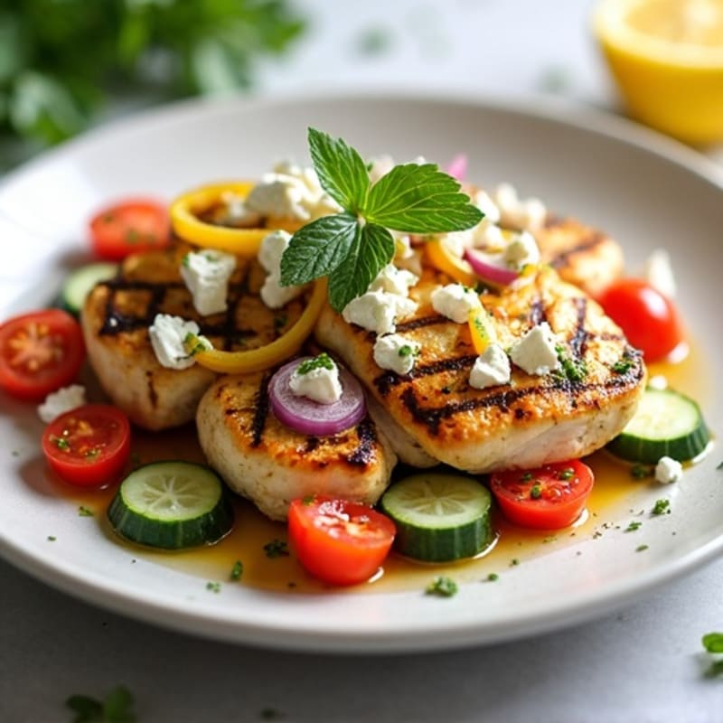 Grilled Lemon Herb Chicken with Fresh Feta and Crispy Vegetable Salad