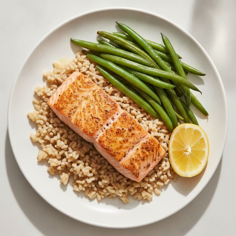Seared Salmon Fillet with Steamed Green Beans and Brown Rice